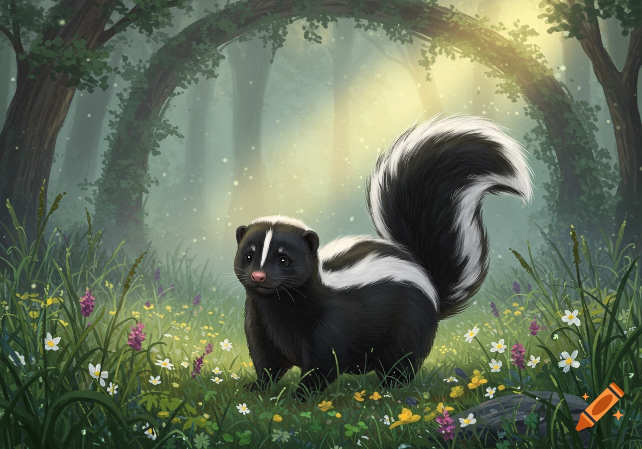 A cute black and white skunk stands in a lush green forest clearing filled with colorful wildflowers, illuminated by soft sunlight.