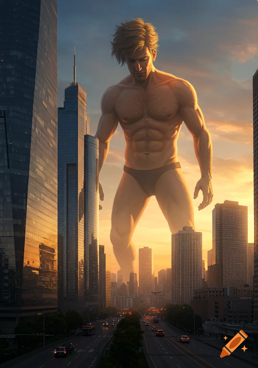 A giant, muscular man in briefs stands among skyscrapers in a city at sunset.