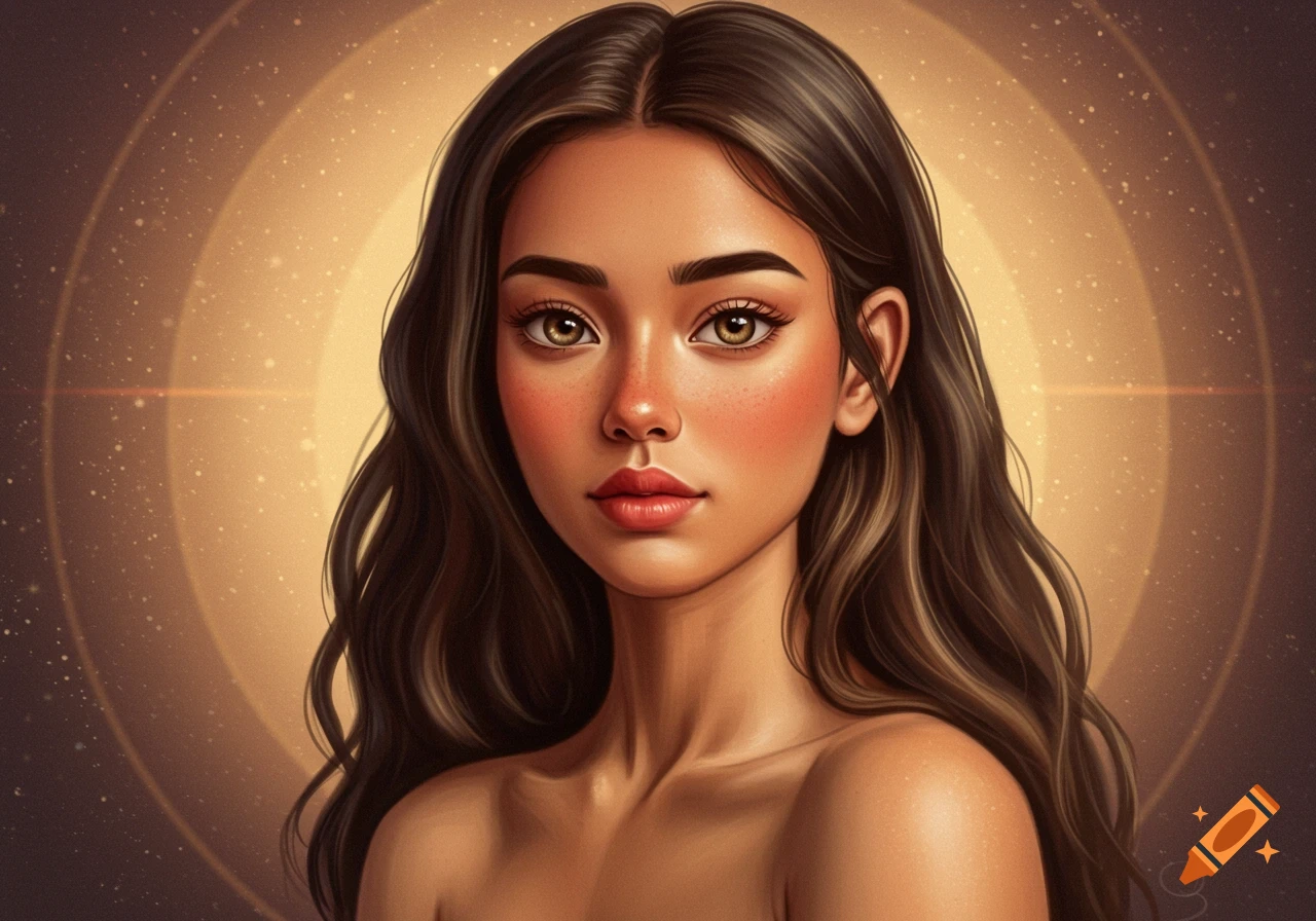 Stylized digital portrait of a woman with long dark wavy hair, warm brown eyes, and a soft expression, against a glowing, starry background.