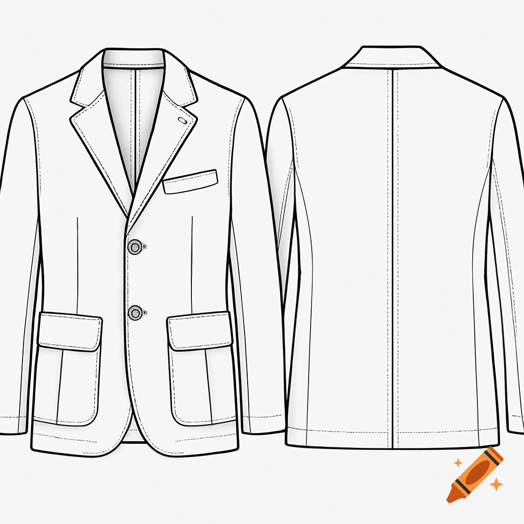 Black-and-white flat fashion sketch showing front and back views of a men's blazer with lapels and pockets.
