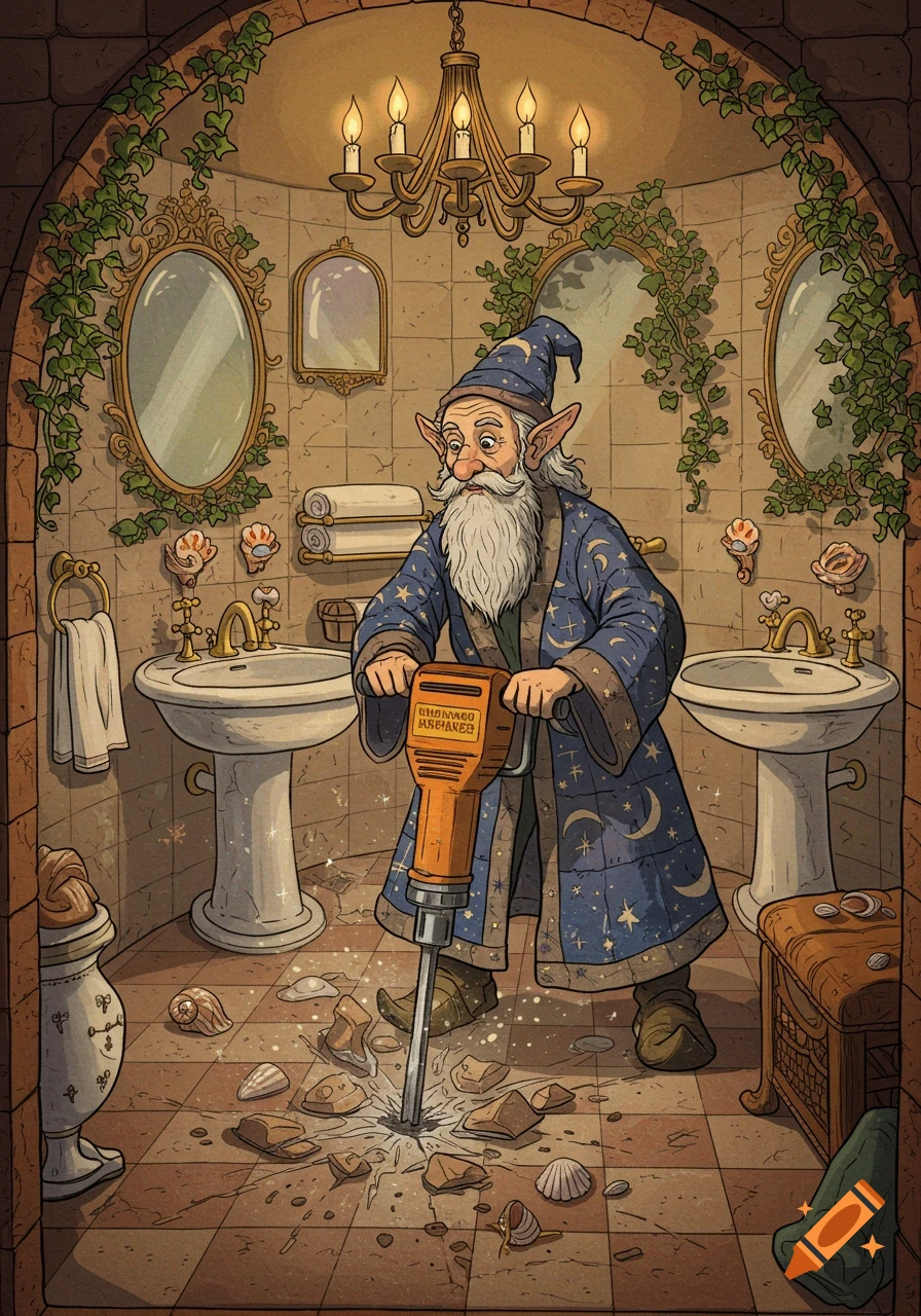 A cartoon elf wizard in a blue robe uses a jackhammer to demolish floor tiles in an ornate, ivy-covered bathroom.
