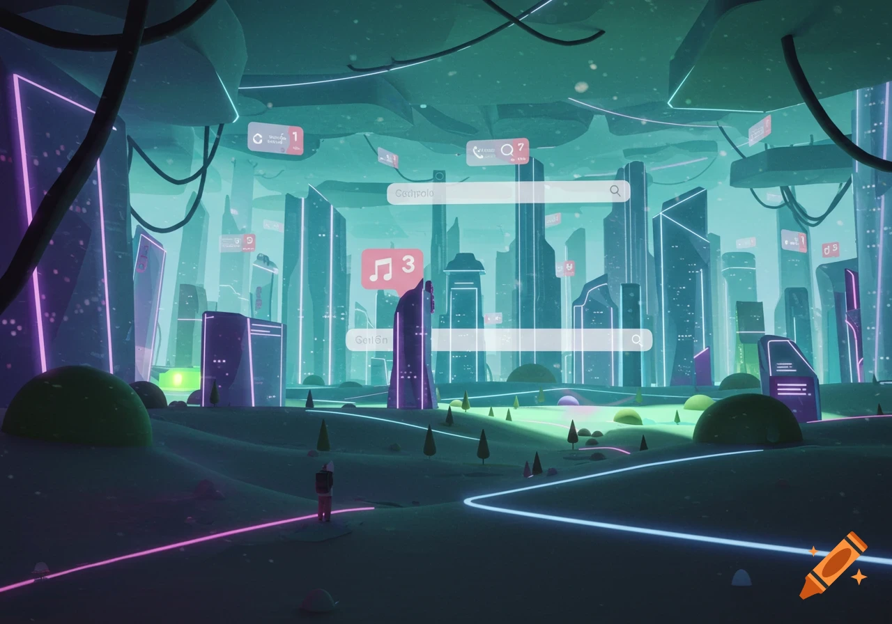 A whimsical, low-angle digital art landscape resembling a futuristic cityscape as an Android home screen, with glowing buildings, floating notification cards, and a tiny character exploring.