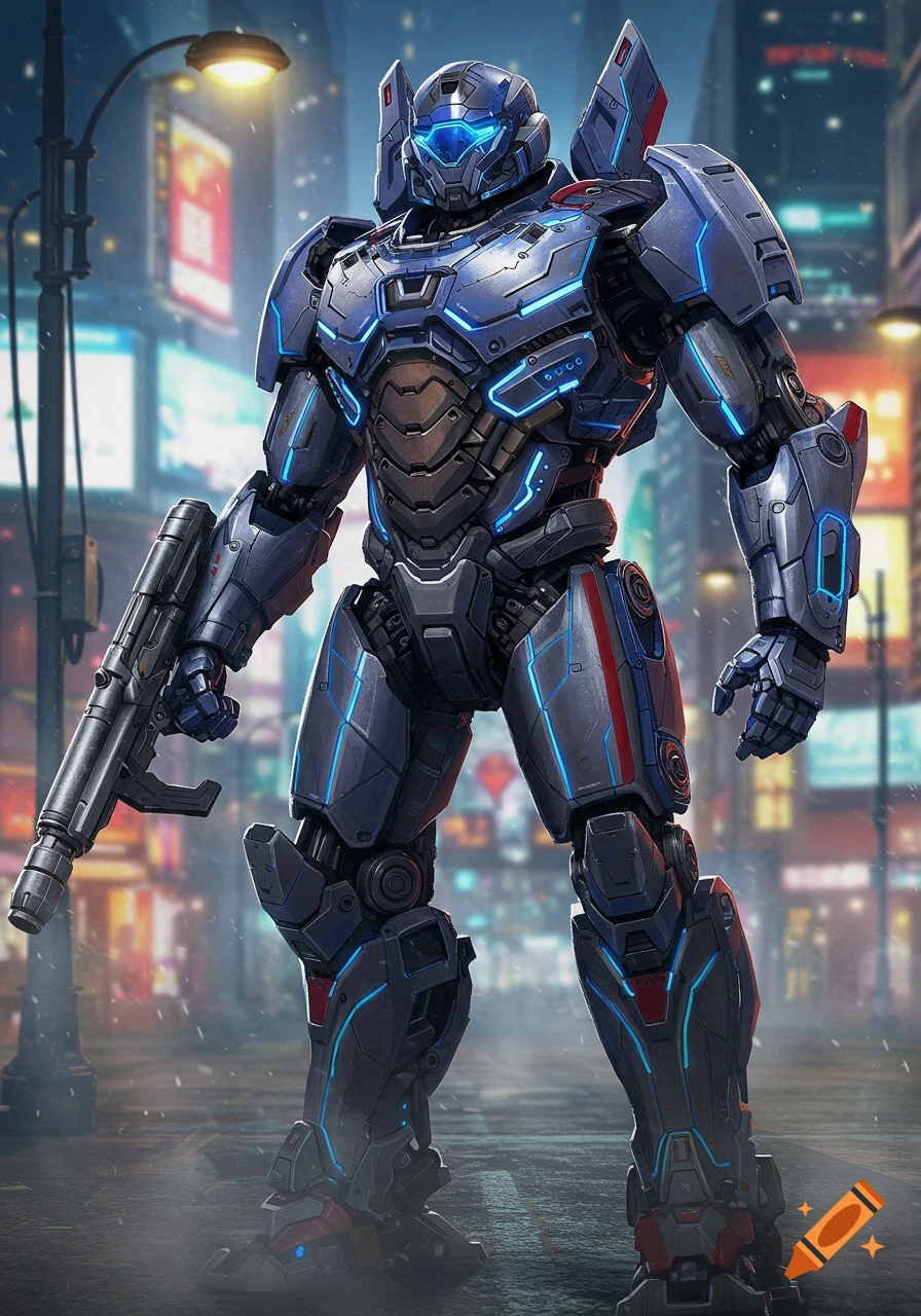 A detailed blue and grey futuristic battle suit, holding a large rifle, stands in a blurry, neon-lit city street at night.