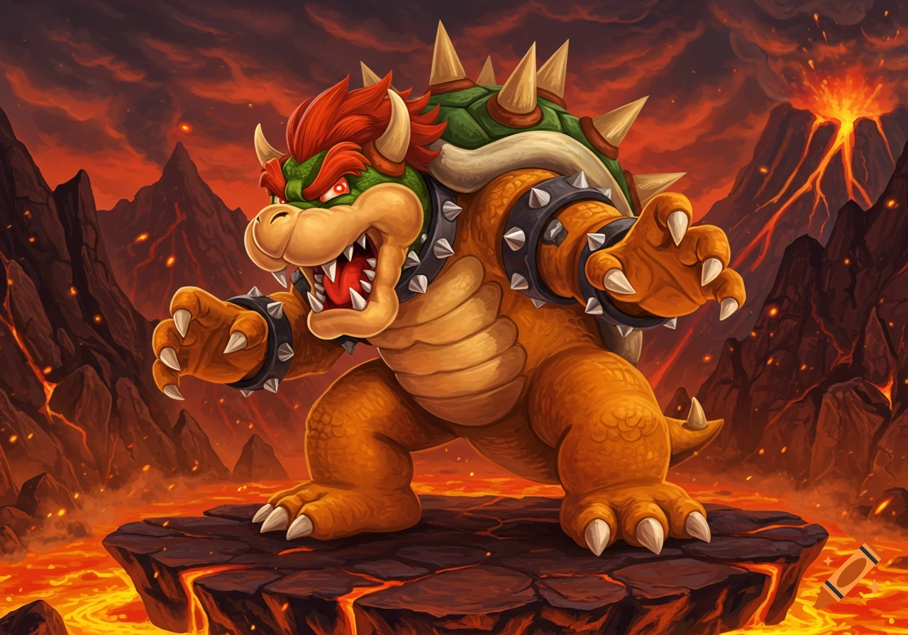 Bowser, the Super Mario villain, roars on a rock platform above lava, with erupting volcanoes in a vibrant illustrative style.