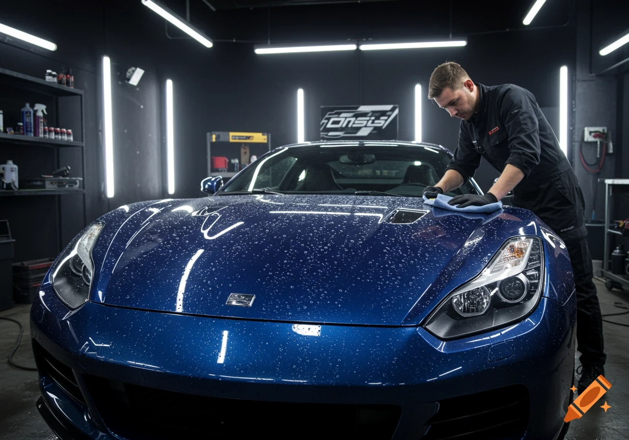 A man in a black uniform meticulously details a wet, dark blue sports car in a brightly lit professional garage.