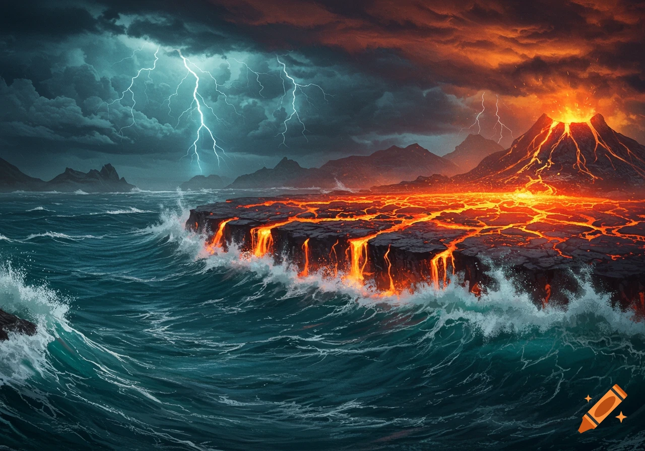 Dramatic volcanic eruption with lava flowing into a turbulent ocean, under a dark, lightning-streaked sky.