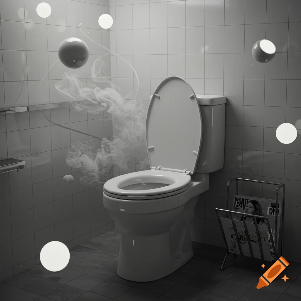 A black and white surreal bathroom scene with an open toilet, floating white orbs, and smoke in the air.