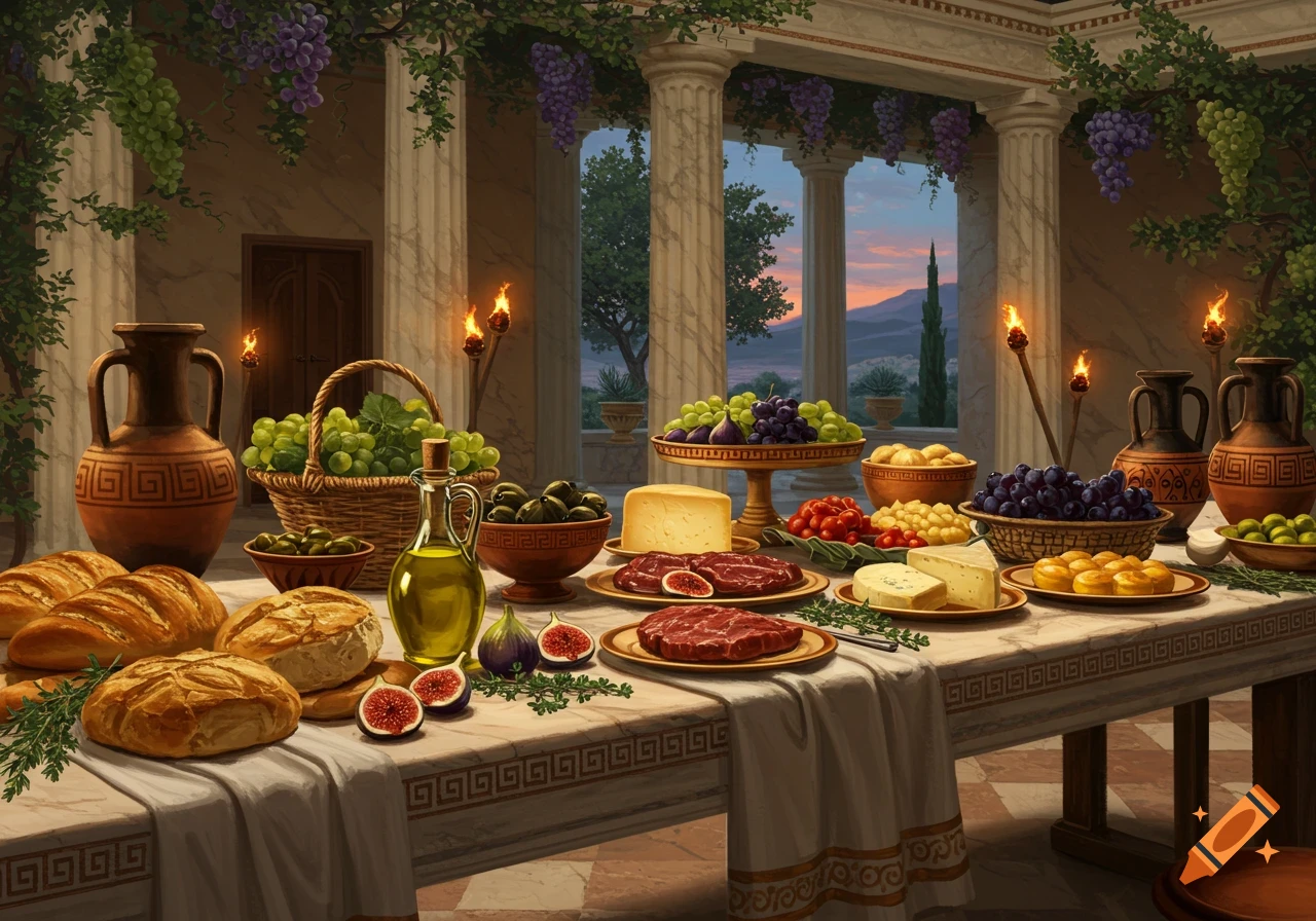 An ancient Greek feast laid out on a marble table with bread, fruits, cheeses, and meats, set in a columned portico with a scenic sunset.