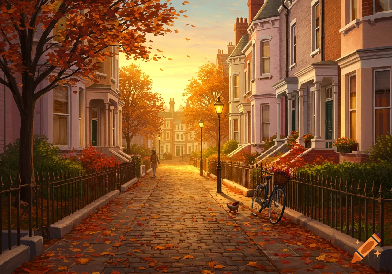 Illustrated autumn street with colorful trees, Victorian houses, fallen leaves, a person walking, and a bicycle under a warm, golden sky.