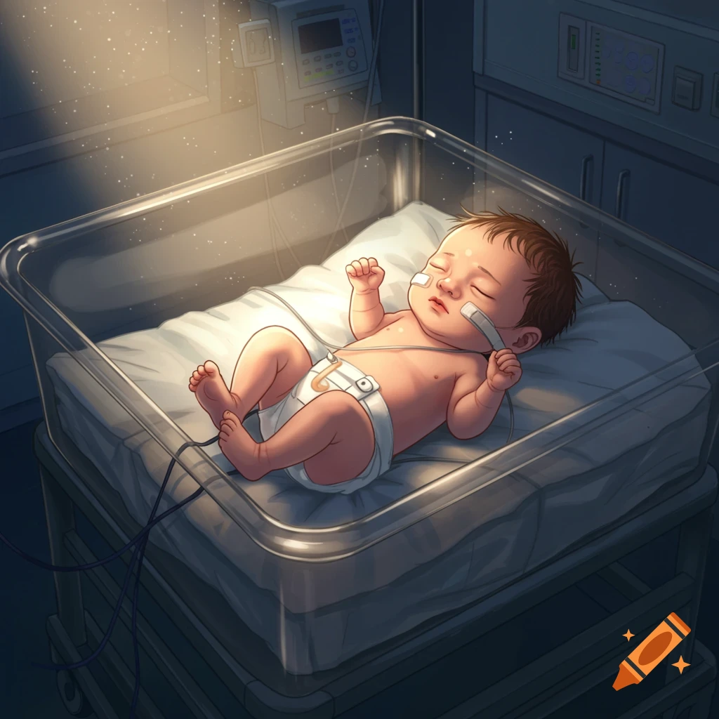 Anime illustration of a newborn baby in a hospital incubator with tubes and wires, sleeping under a warm light.
