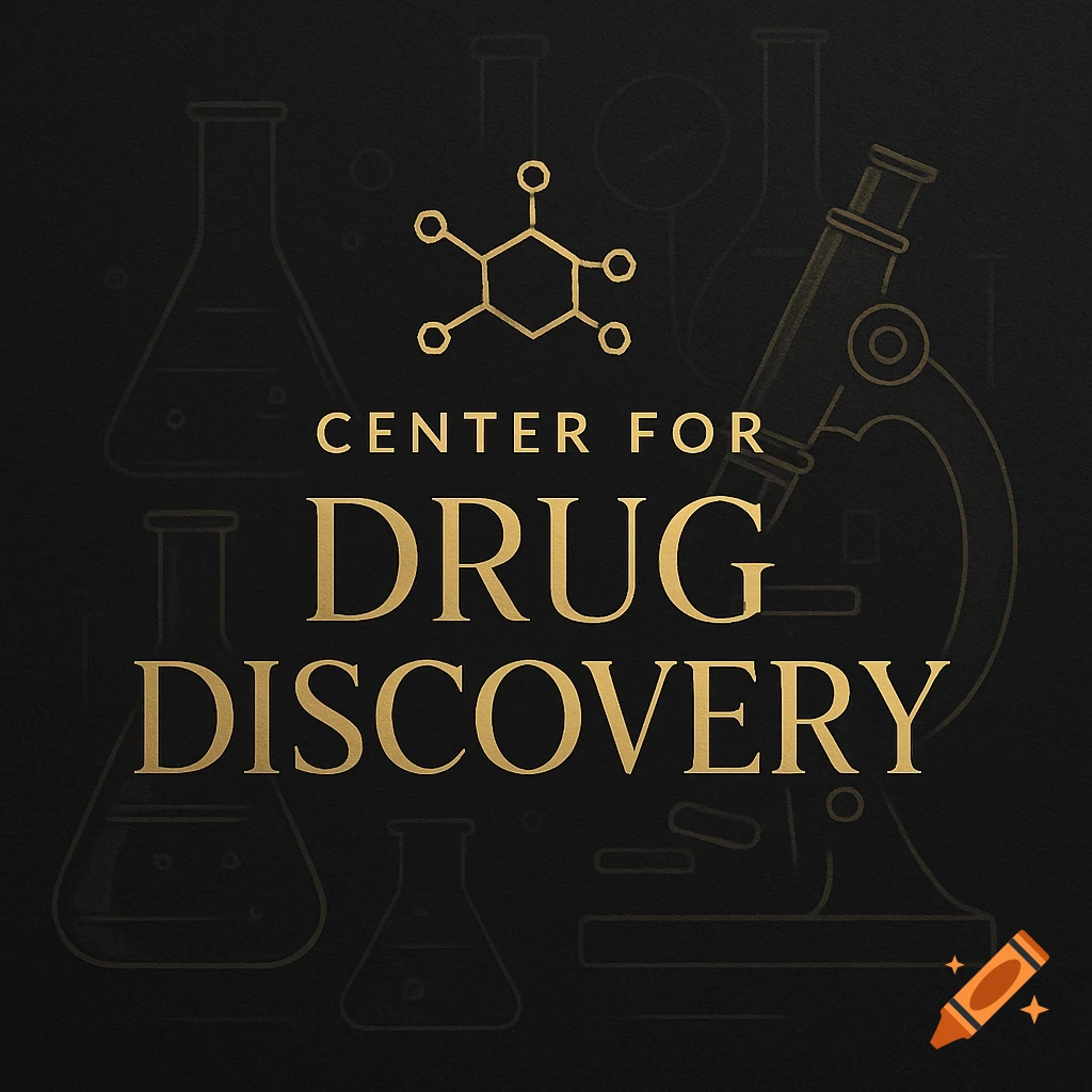 A gold and black logo for "Center for Drug Discovery" with scientific equipment in the background.