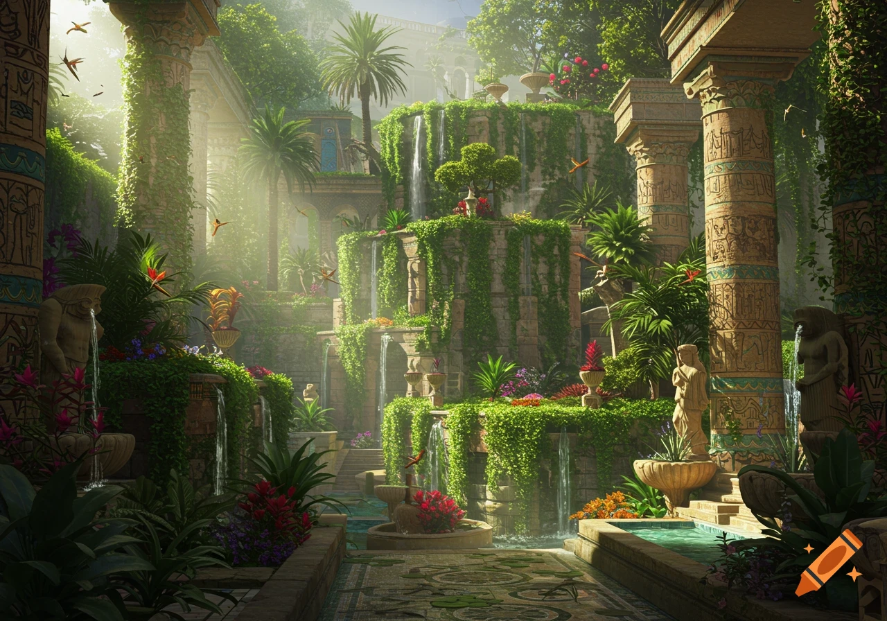 A beautiful, sunlit ancient garden with multiple tiers of lush greenery, waterfalls, ornate pillars with carvings, and statues, reminiscent of the Hanging Gardens of Babylon.