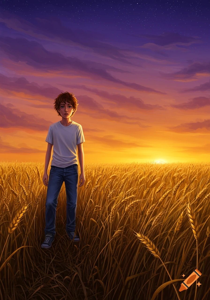 A young boy stands in a golden wheat field at sunset under a purple, starry sky, digital illustration.