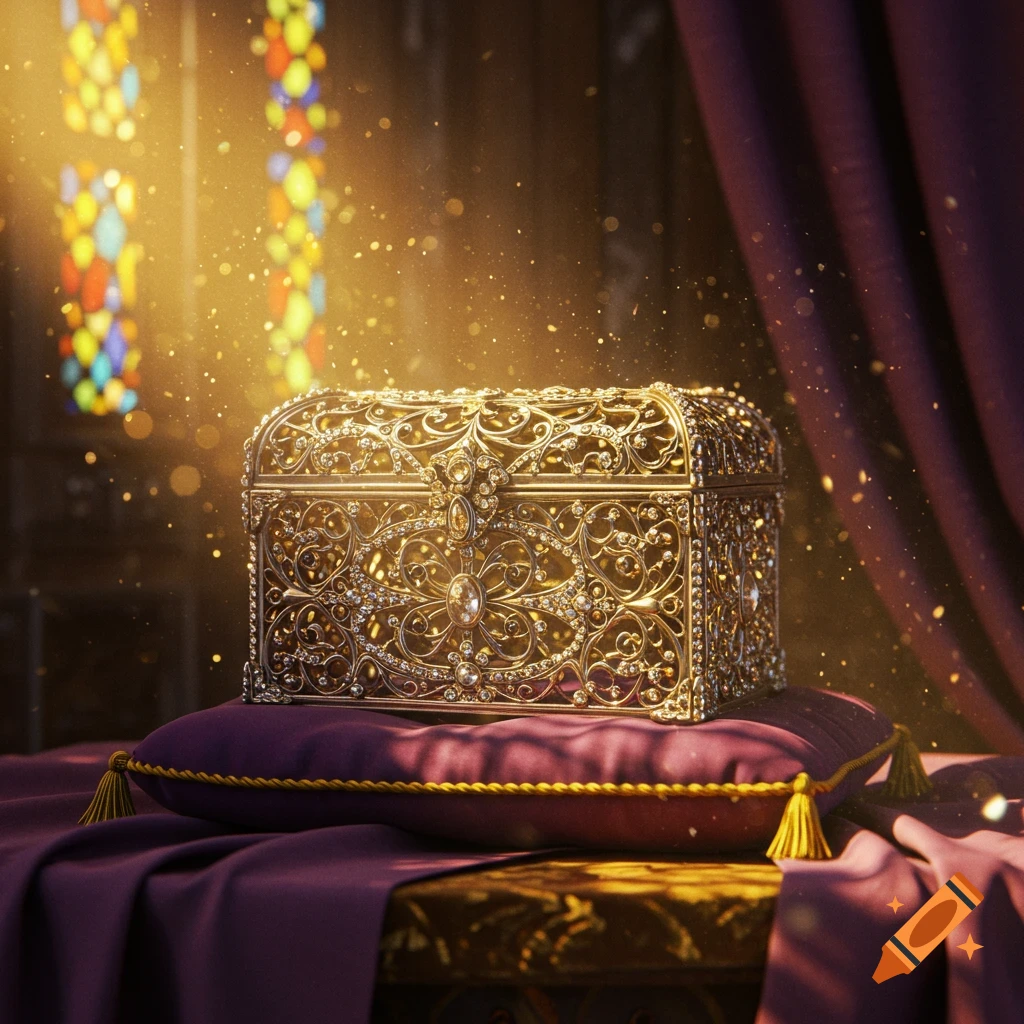 An ornate, gold and jewel-encrusted treasure chest sits on a purple velvet cushion, bathed in golden light from a stained-glass window.