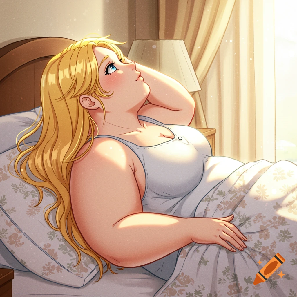 A cartoon plus-size woman with long blonde hair and blue eyes lies in bed, looking up. Sunlight streams through a window.