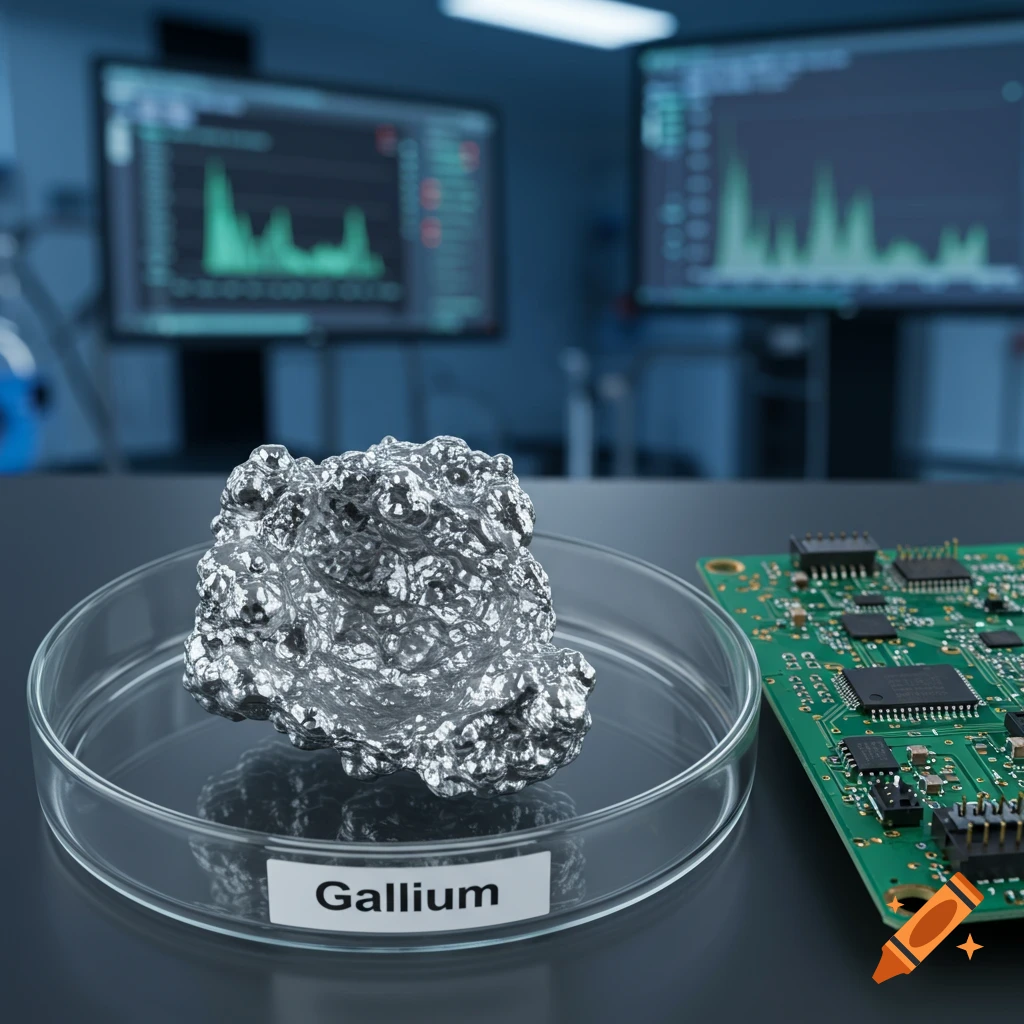 A lump of gallium metal in a petri dish next to a green circuit board in a modern laboratory setting.