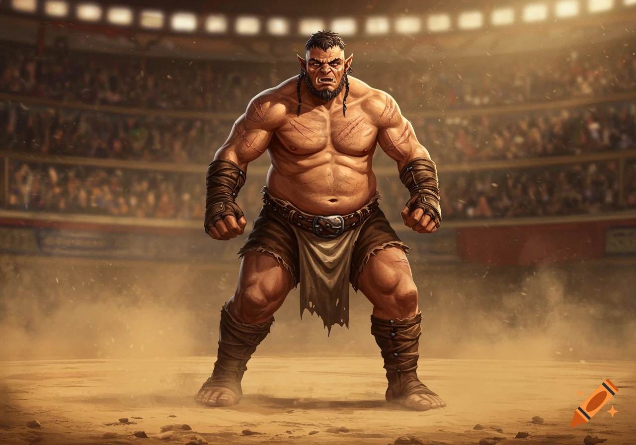 A muscular, scarred male half-orc pit fighter with a beard and short hair stands in a dusty arena.