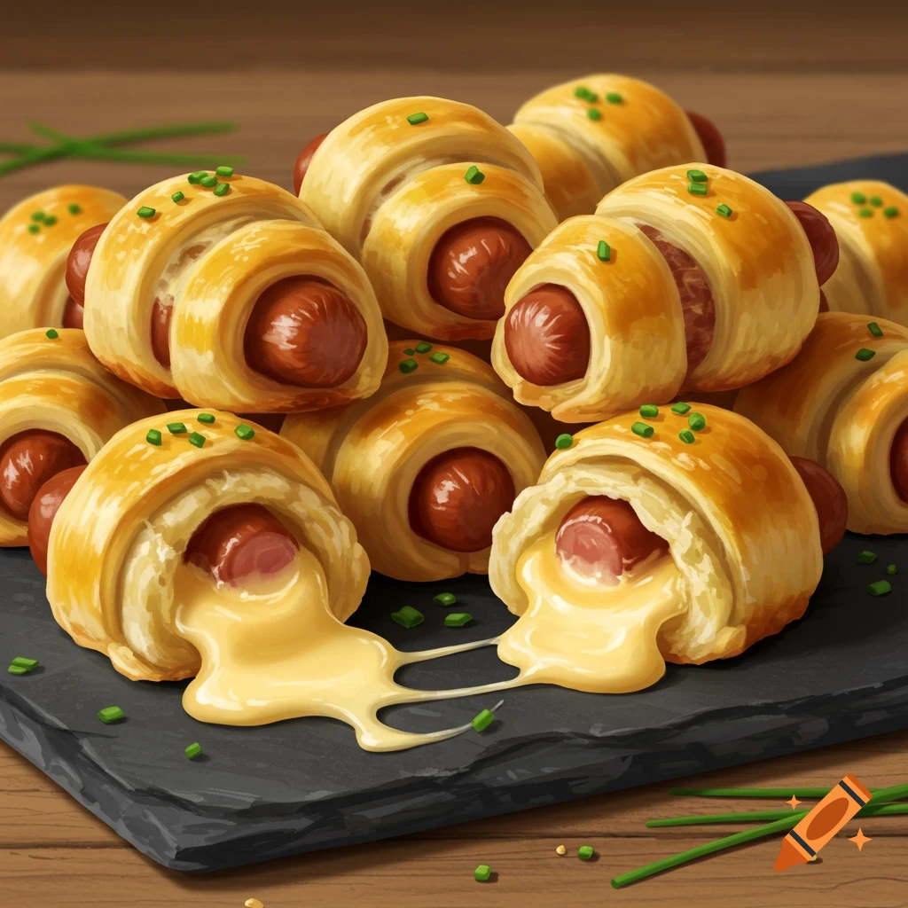 A pile of golden-brown pigs in a blanket with melted cheese oozing out, garnished with chives on a dark serving board.