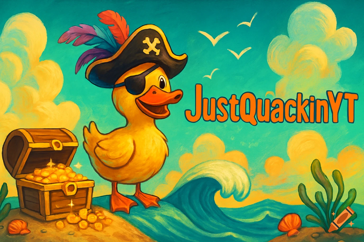 A cartoon duck pirate on a sandy beach with a treasure chest, an ocean wave, and the text "JustQuackinYT".