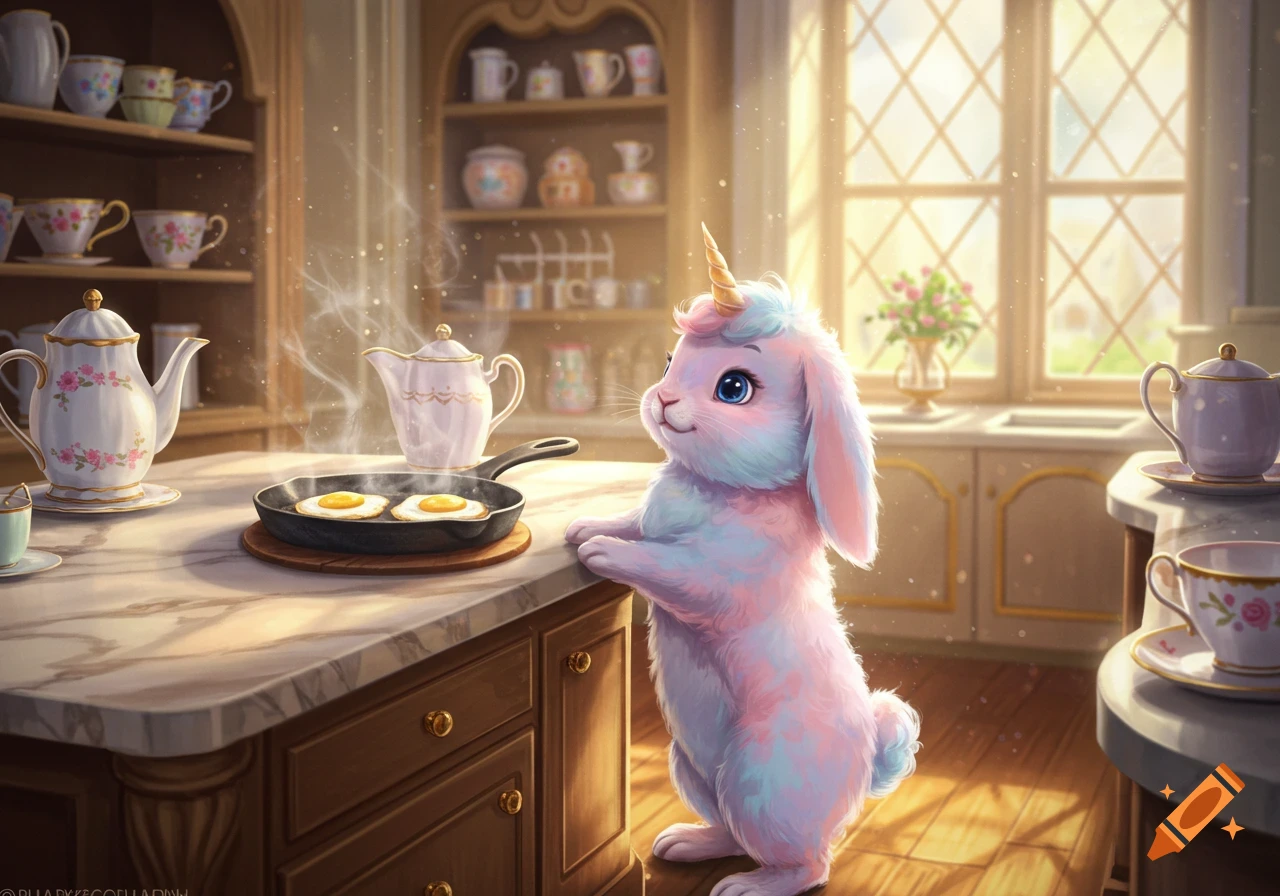A cute pastel-colored unicorn bunny cooks fried eggs in a frying pan on a fancy marble kitchen counter, surrounded by teacups, in a charming cartoon style.