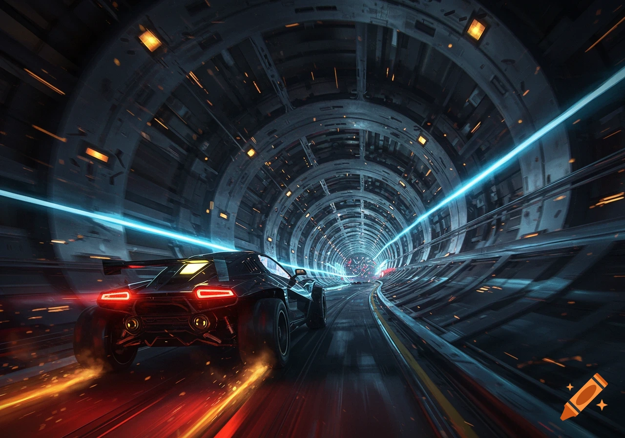 A futuristic black buggy speeds through a glowing, high-tech sci-fi tunnel with motion blur and sparks.