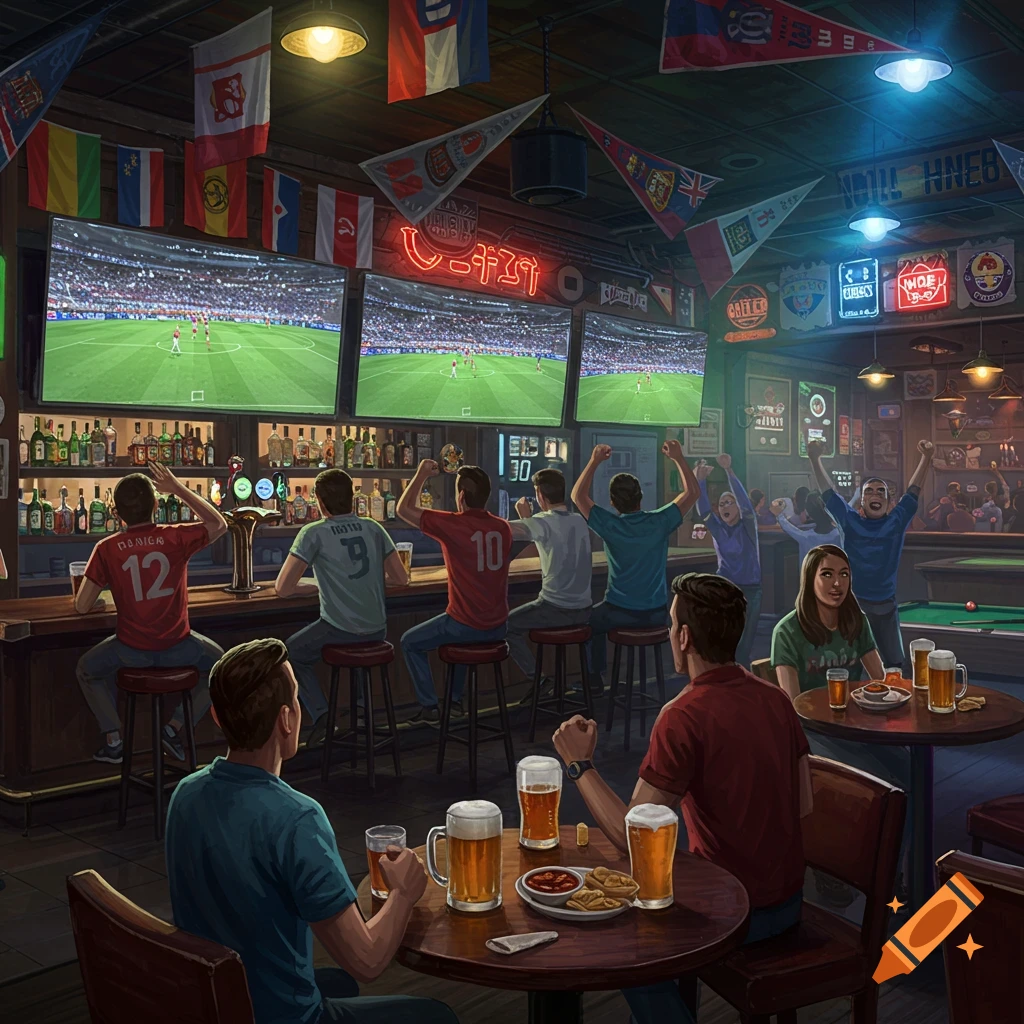 An animated painting of a lively sports bar with many patrons. Several men sit at the bar watching soccer on three large TVs, while others sit at tables drinking beer and reacting to the game. Flags and neon signs adorn the walls.