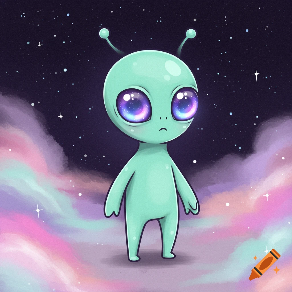 Cute, teal alien with large purple eyes and antennae standing against a starry sky with pastel clouds, cartoon style.