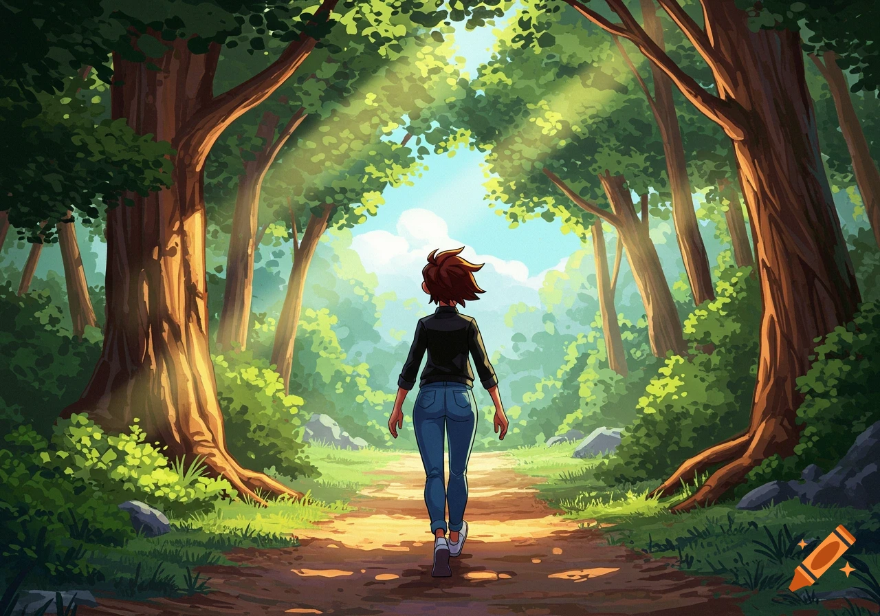 A cartoon woman with short brown hair walks away from the viewer on a path through a bright, sunlit forest.