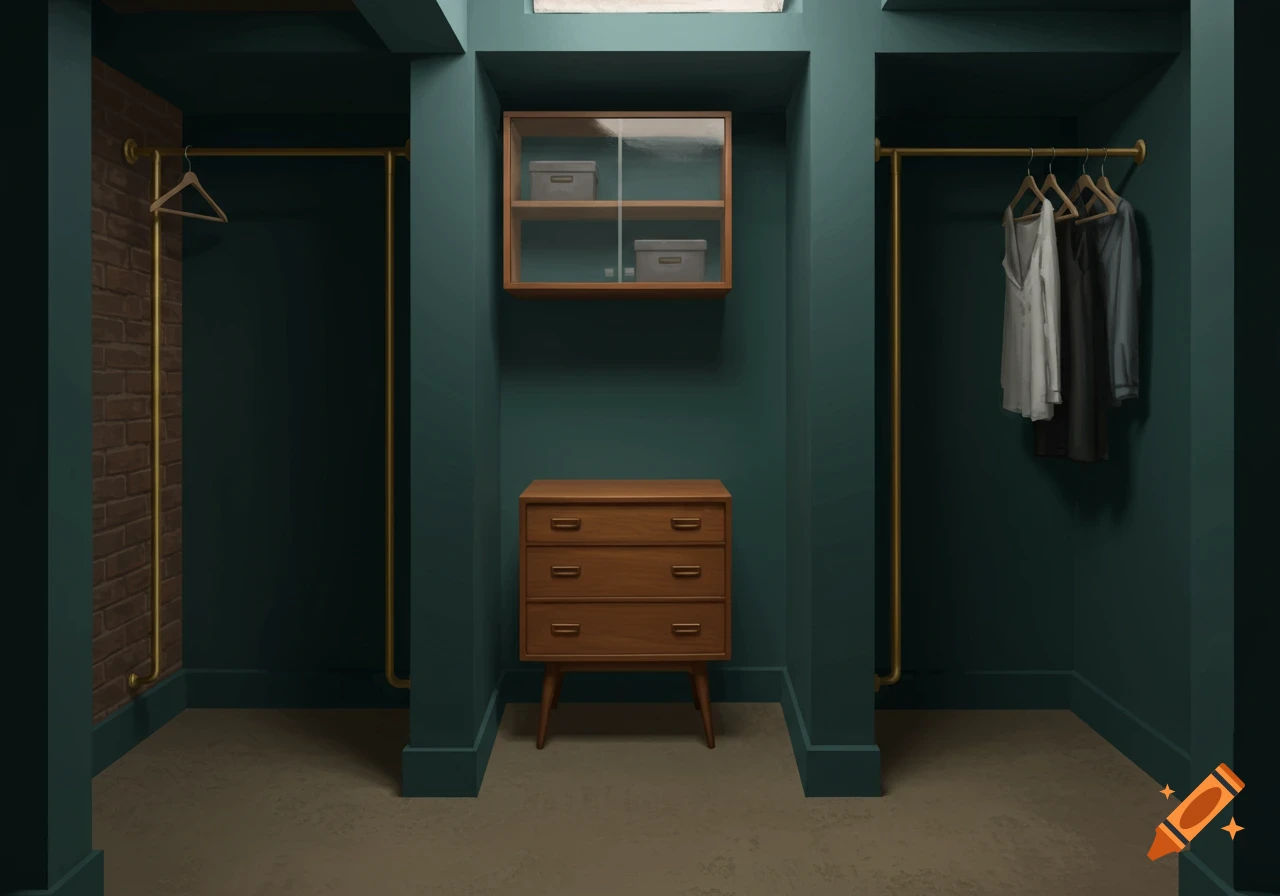 A dark green-blue closet alcove with a walnut dresser, glass shelves, brass clothing rods, and clothes hanging.