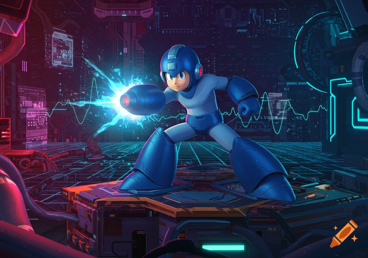 Mega Man in a vibrant, futuristic, circuit-board-like environment, firing his glowing arm cannon.