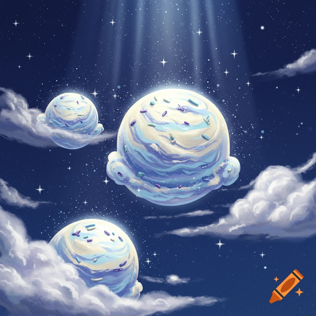 Three scoops of swirled blue and white ice cream with sprinkles float among clouds and stars in a moonlit night sky.