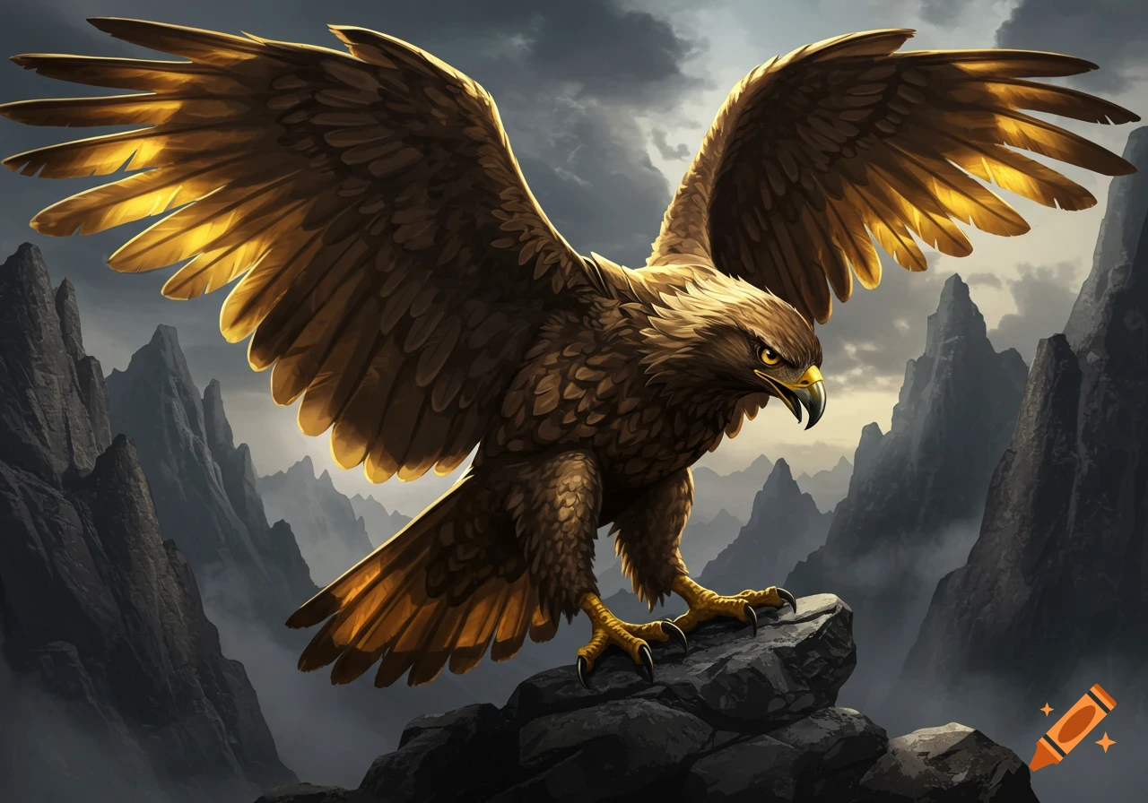 A majestic golden-brown eagle with widespread wings perches on a rock in a misty mountain landscape, looking ready for battle.