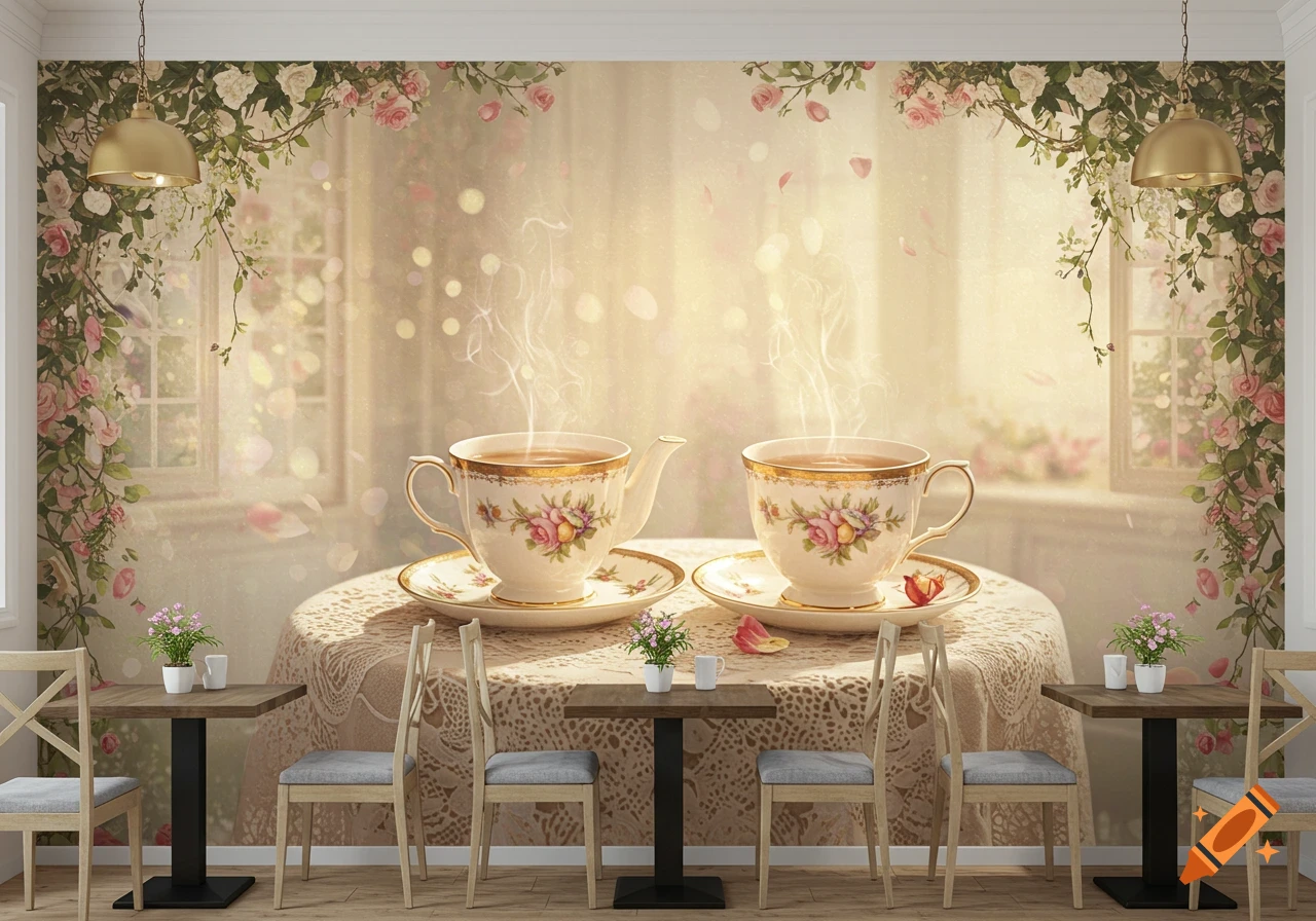 Romantic cafe wall mural with two steaming floral teacups on a lace table, framed by rose vines and soft, ethereal light.