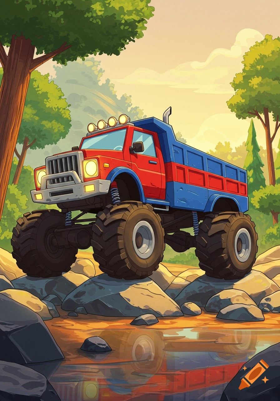 Vibrant cartoon red and blue monster truck parked on rocks by a stream, lush trees and a colorful sky in the background.