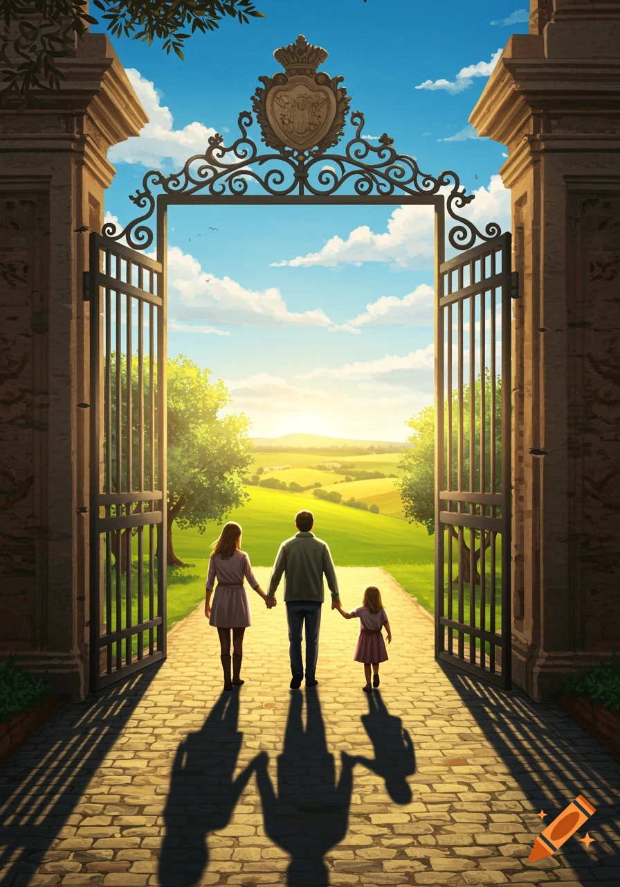 A family walks hand-in-hand through an open ornate gate towards a sunny, green countryside.