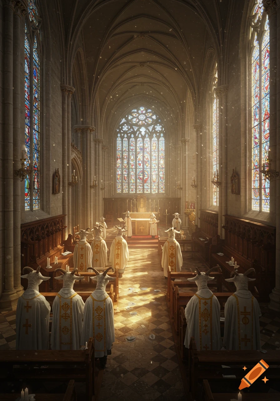 Goat-headed figures in white robes attend a church service in a grand, sunlit Gothic cathedral.
