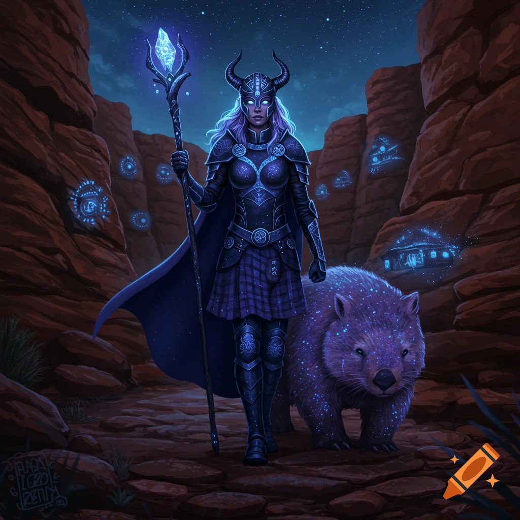 A fantasy warrior in dark armor with glowing eyes and a staff walks with a glowing purple wombat through a red canyon at night, under a starry sky.