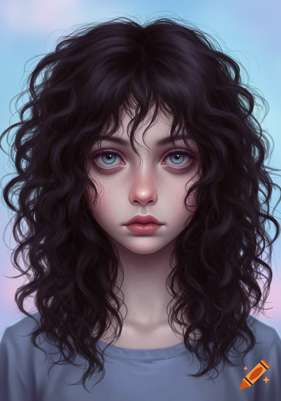 Stylized digital portrait of a young woman with dark curly hair, pale skin, large blue eyes, and freckles, wearing a blue shirt.