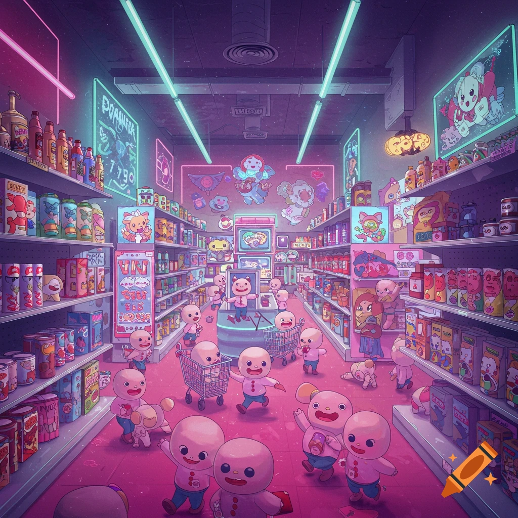Cartoon characters, resembling Pomni, run and push shopping carts in a brightly lit, pink and purple pop-art style supermarket aisle filled with products and neon signs.