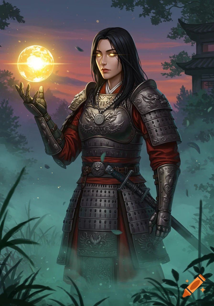 A Japanese female warrior in ornate armor with glowing gold eyes holds a bright orb of light in a magical forest at dusk. Digital painting.