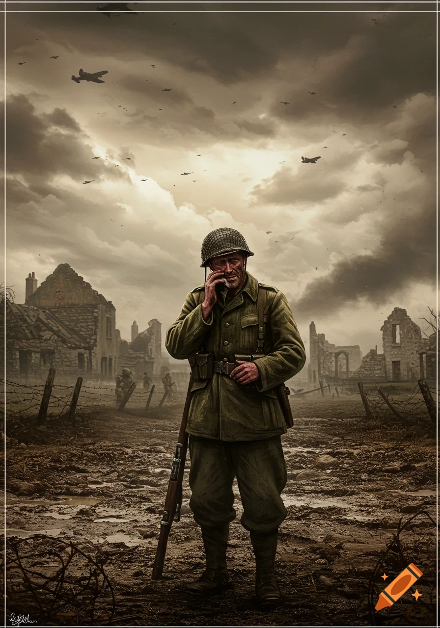 A somber World War II soldier stands in a muddy, war-torn town under a cloudy sky with planes flying. Digital painting.