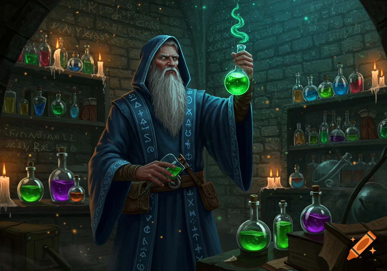 An old wizard in a blue robe holding a glowing green potion in a dimly lit stone alchemy lab filled with colorful potion bottles and candles.