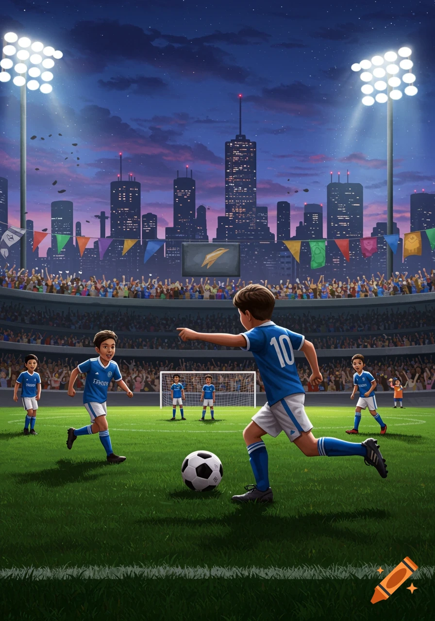 Boys playing soccer in a vibrant stadium at dusk, with city skyscrapers in the background and a large crowd in the stands.