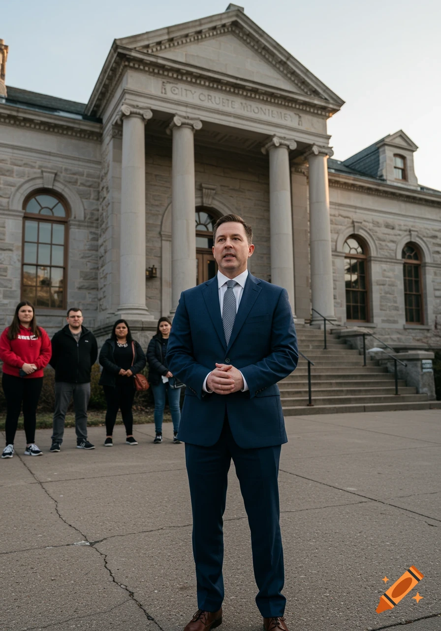 A man in a navy blue suit stands in front of a classical stone building with columns, with a group of people behind him. Photorealistic style.