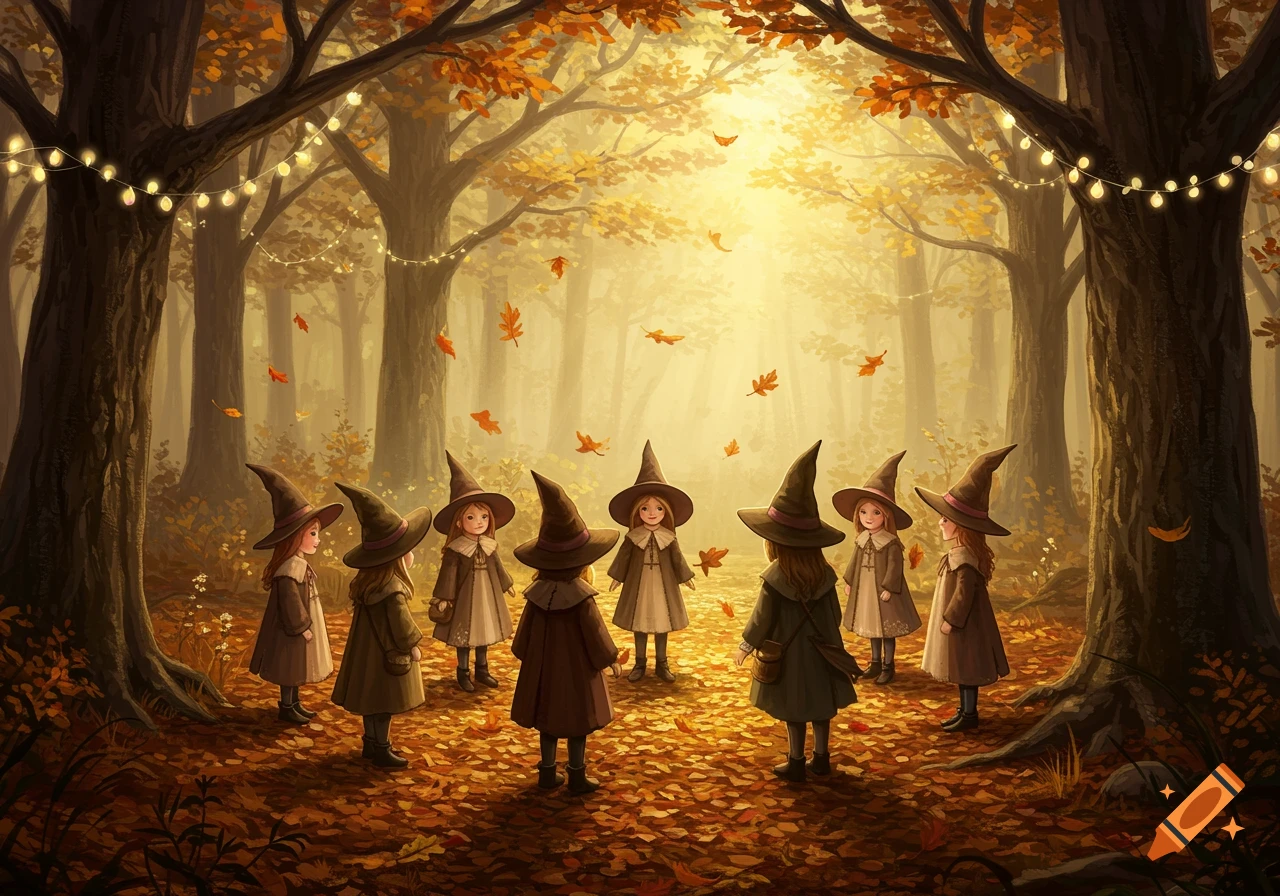 Children dressed as witches gather in an autumnal forest with string lights and falling leaves, in a painted style.