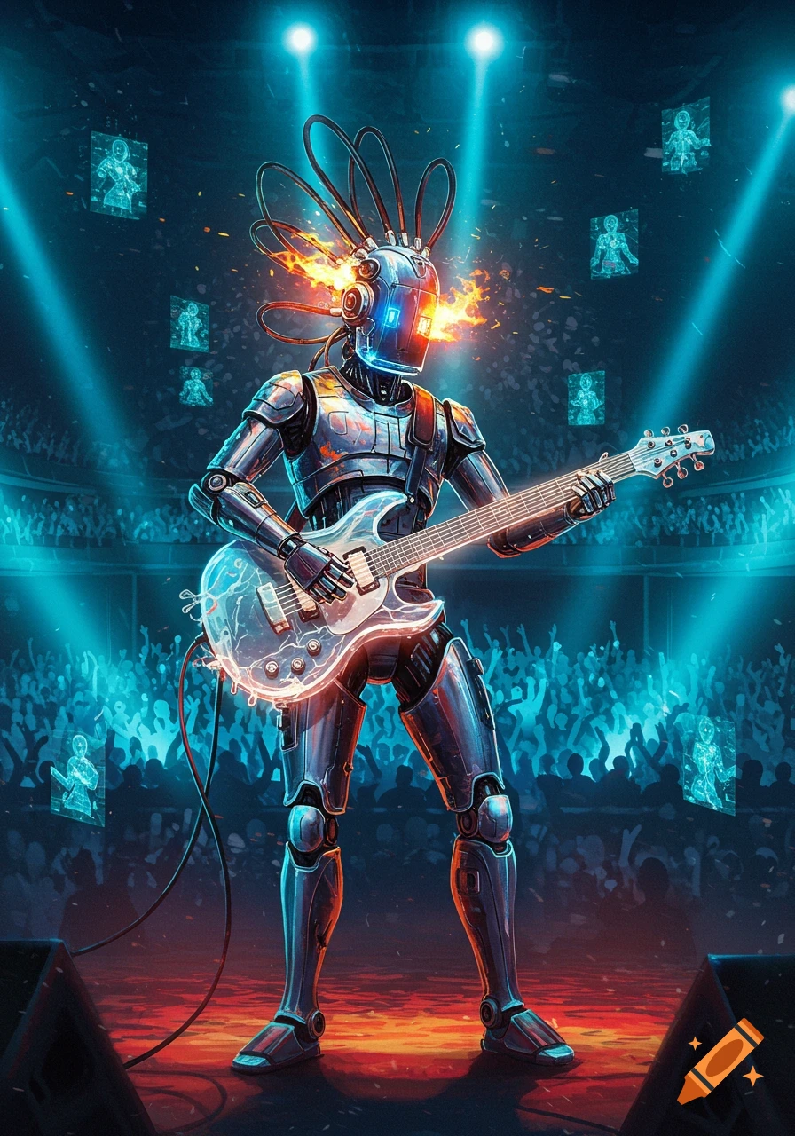 A futuristic robot with glowing eyes and wires plays an electric guitar on a stage under blue spotlights, facing a cheering crowd.
