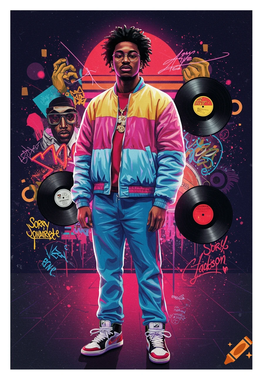 A stylized illustration of a Black man in retro 80s/90s fashion, including a colorful bomber jacket, against a vibrant synthwave background with vinyl records and graffiti-style text.