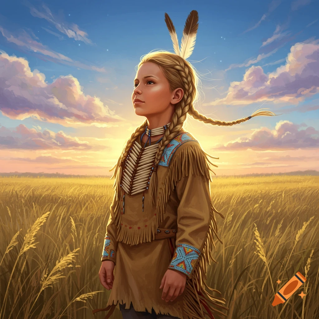 A young blonde girl with braids and feathers, wearing Native American-inspired attire, gazes upward in a golden field at sunset in a digital painting.