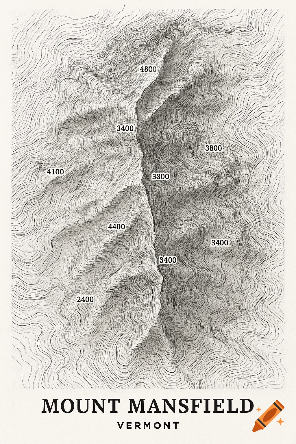 A black and white topographic map of Mount Mansfield, Vermont, showing contour lines and various elevation markers.