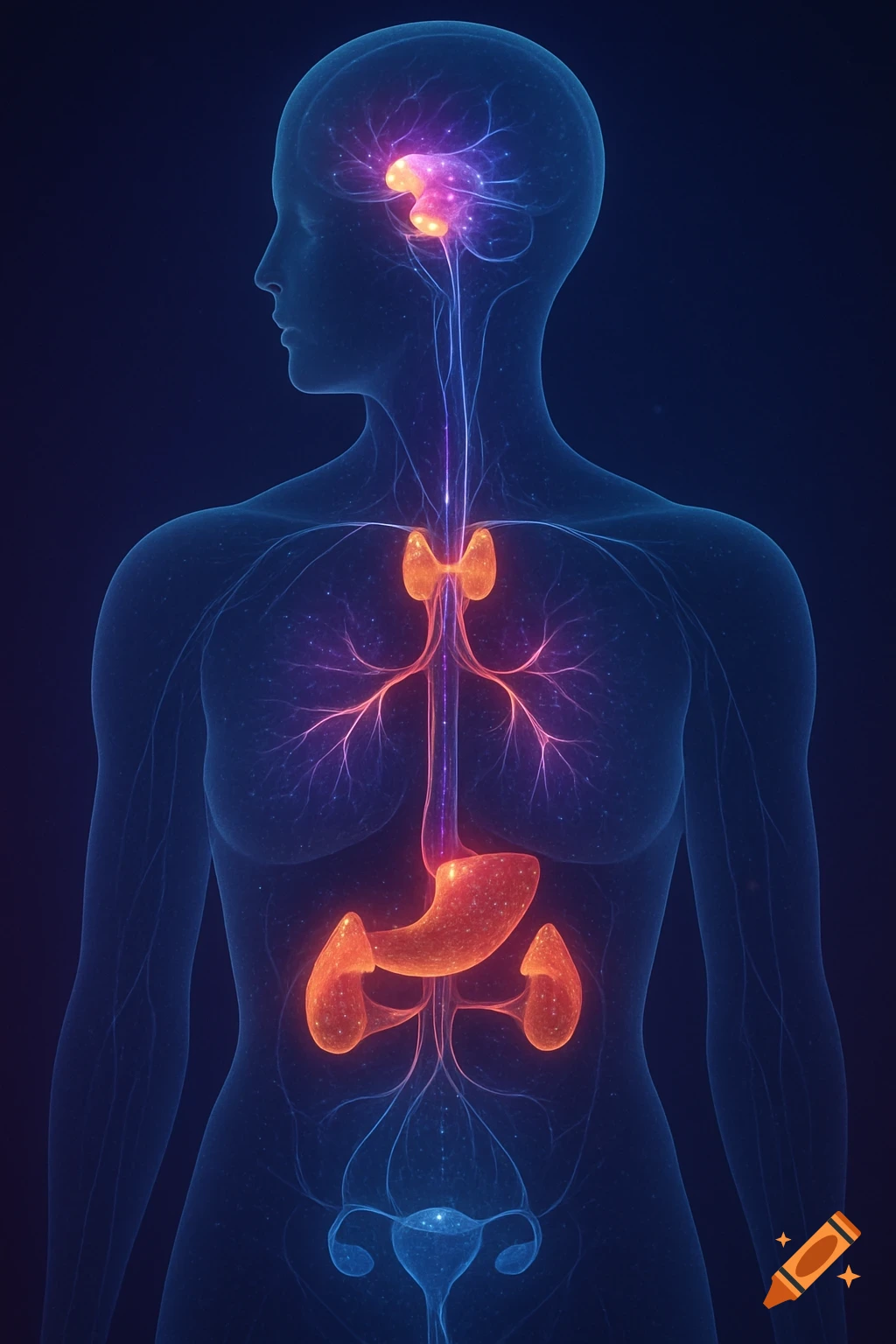 Translucent blue human body outline showcasing glowing orange and purple internal organs and neural networks.